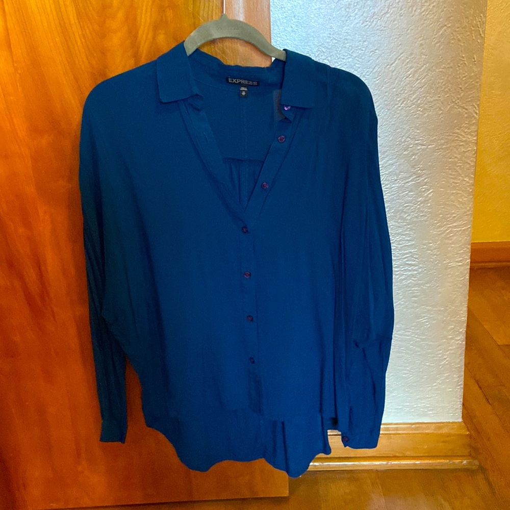 Xs, Teal blue, button down, high low blouse from Express